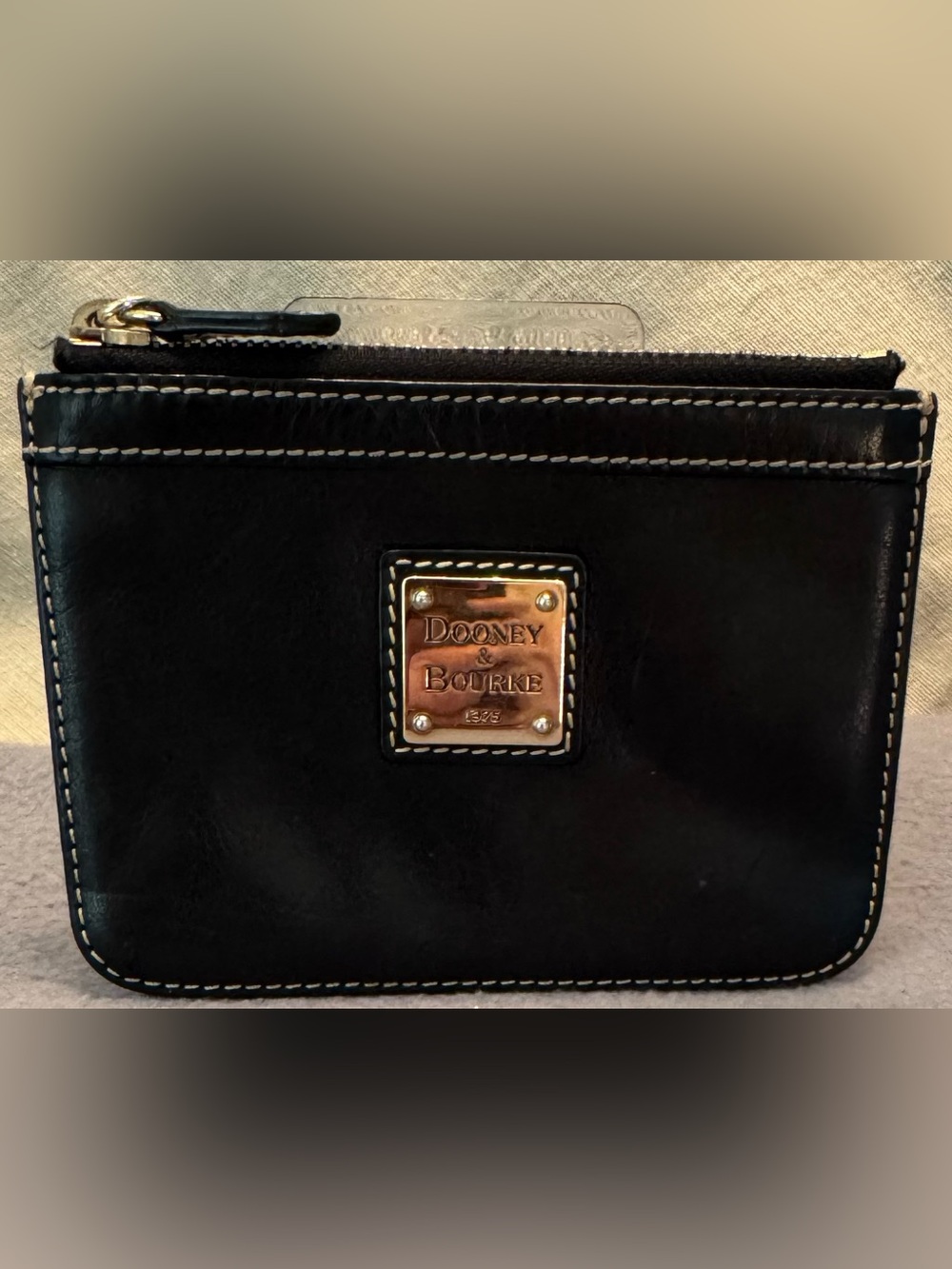 Dooney & Bourke Black Leather Zip Card Pouch White Stitching and Gold Logo